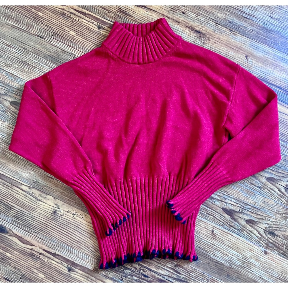 Philosophy Red Mock Neck Ribbed Waist Scallop Navy Trim Knit Sweater Womens